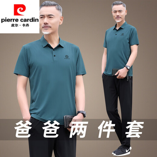 Pier Cardin High-End High-End mittleren und ältere Männer-T-Shirt-T-Shirt-Kurzärmel-Sommer-Eisseidenanzug Herren-Sportbekleidung Vaters Anzug 2025 Vatertag 756 Schwarz [kurze Ärmel + Hosen] l [Gewicht 100-120 Jin [Jin gleich 0,5 kg]]