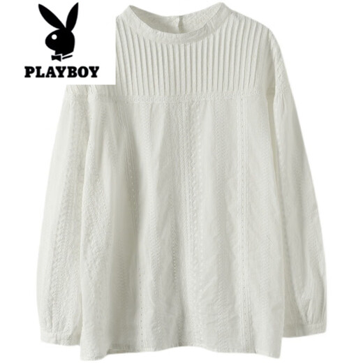 Playboy (PLAYBOY) 2025 Spring and Autumn New Style Literary Accordion Pleated Sweet Lady Hollow Long Sleeve Shirt Pullover Shirt Women's Top Trendy White All Size