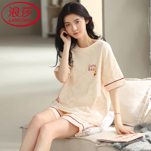 LangSha light luxury high-end pajamas for women in summer pure cotton thin short sleeves New cute summer home clothing two-piece set DGG-N1478 tight pure cotton M [recommended 80-100Jin [Jin equals 0.5 kg] wear]