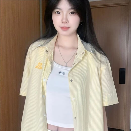 2025 Neues Korean gelb gestreiftes Hemdjacke für Frauen Sommer faule Hemd kurzärmelig Top T-Shirt Yellow M Empfohlen 95-105jin [Jin gleich 0,5 kg]