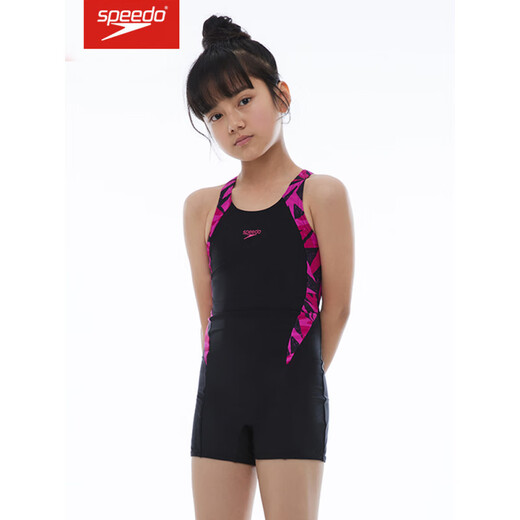 速比涛（Speedo）儿童平角泳衣舒适抗氯防晒女孩训练比赛连体游泳衣 黑色/电光粉8-12392G720 160 80(15-16岁)