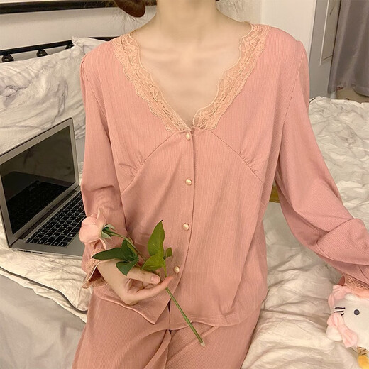 2025 Neue sexy Spitzen-Pyjamas für Frauen im Frühling und Herbst reines Baumwolldünne langärmeliger Anzug Palaststil Home Clothing 1048#Mint Green M.