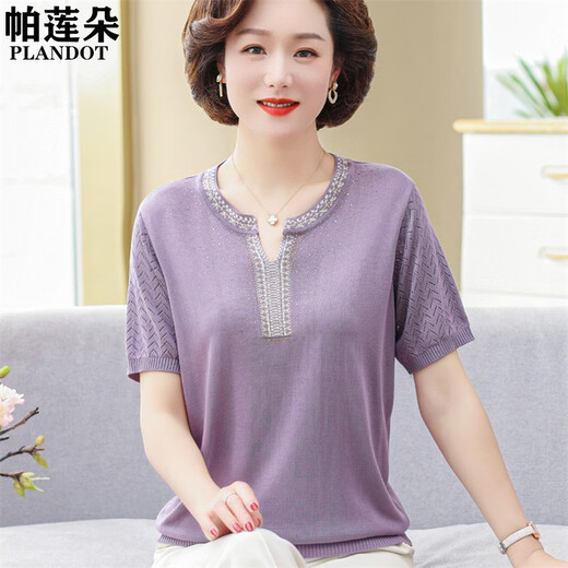 Kuzhang (Kuzhang) 2025 NUEVA MADRE SUMMER Camiseta de punto de su verano Traje de manga corta de verano de mediana edad de mediana edad y anciana