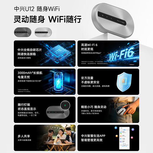 ZTE (ZTE) portátil wifi6 soporte sin tarjeta móvil equipo 5G/4G tarjeta de red inalámbrica portátil acompañante punto de acceso a la red del automóvil tráfico general nacional ilimitado 2025 nuevo U12 gris