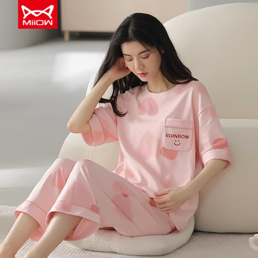 Catman (Miiow) Pure Cotton Pajama для женщин в летних укороченных брюках с короткими рукавами.