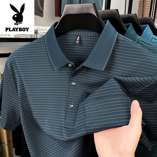 
Playboy (PLAYBOY) light luxury summer new men's loose short-sleeved pure cotton t-shirt comfortable and casual real pocket striped middle-aged POLO shirt 9757 blue M 170/50 Recommended 110-130Jin [Jin equals 0.5 kg]