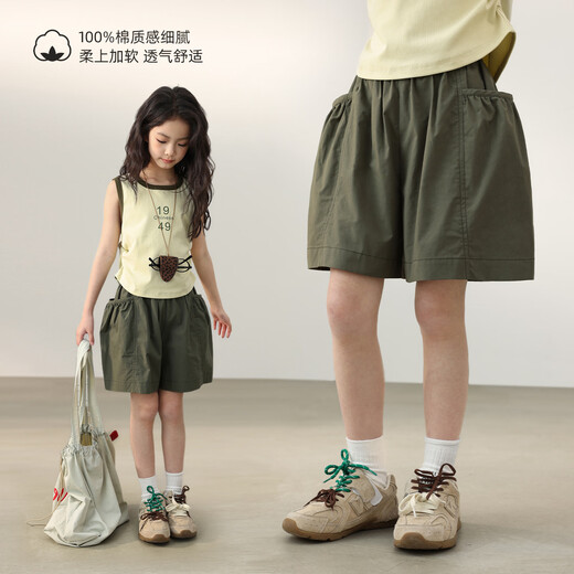 
LUSON Chen Dazhu Girls Shorts Outdoors 2025 New Military Green Work Pants Children's Crop Pants Thin