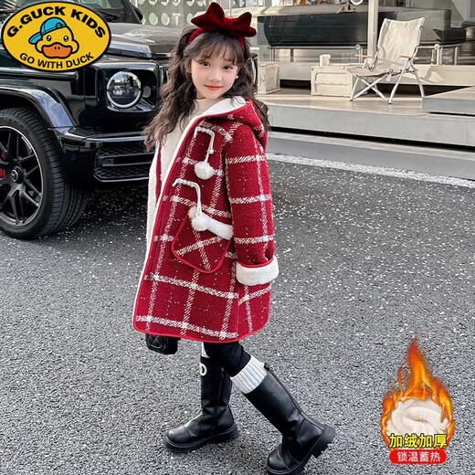 G.DUCKKIDS Koreanische Version 2025 neue Mädchen Winterkleidung verdickter Samt Wollsamtmantel mittellanger karierter Mantel im koreanischen Stil schwarz 170 cm