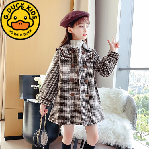 G.Duckkids Girls Woolen Poat осень и зима 2024 г. Новая детская средняя длина хлопка сгущенной корейской версией новой куртки для девочек Houndstooth Matte Cotton 150 (подходит для высоты 140-150 см)