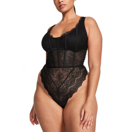 维多利亚的秘密（VICTORIA'S SECRET）Victoria'sSecret维密纯色蕾丝超薄镂空高脚口连体衣女款 黑色 L