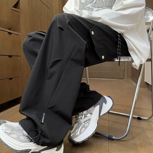 Cotton casual pants for men in autumn and winter, loose lace-up jackets for men, trendy outdoor hiking pants for men, black XL