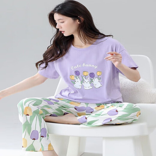 
Jinrenchu ​​pajamas for women in summer pure cotton short-sleeved trousers cartoon sweet girl summer home clothing set 9720 single size M code [recommended to wear 80-100 Jin [Jin equals 0.5 kg]]