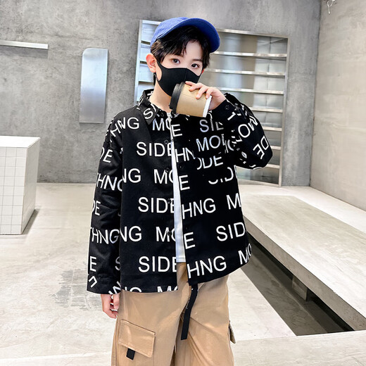 Xinyouyu 2025 new boys' shirts for spring and autumn, large children's shirts, trendy letter printed shirt tops, black 120