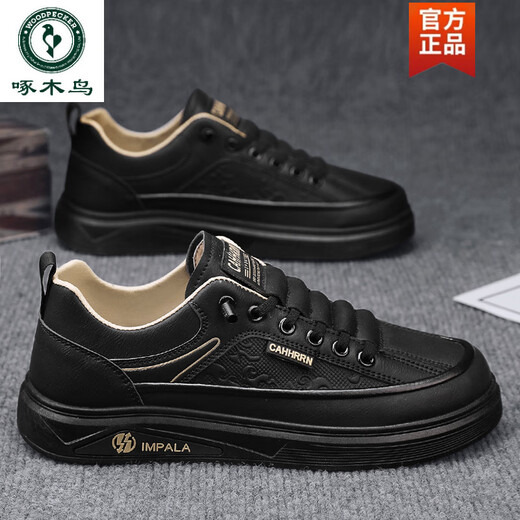 Woodpecker men's shoes 2025 spring and summer breathable versatile casual and high-enhancing shoes leather shoes feel level-like and small white shoes 7372 white and green flat sole 42