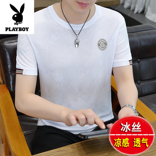 花花公子（PLAYBOY）冰轻奢|丝短袖t恤男夏季桑蚕丝薄款体恤衫潮流舒适百搭半袖上衣服 白色 K829 M 165 【适合100-120斤】