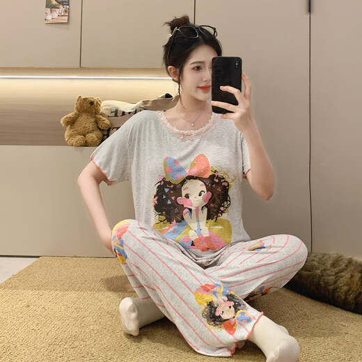雅鹿2025新款睡衣女夏季莫代尔带胸垫短袖可爱卡通可外穿家居服三件套 RM3519 蝴蝶结女孩 固定胸垫 M