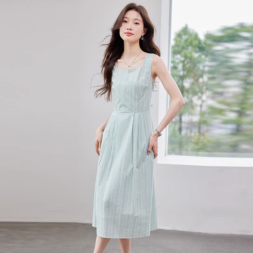 QCKZ条纹吊带连衣裙女2025夏季新款气质收腰显瘦法式高级感方领长裙子 Q9933白色衬衫+Q9922绿色连衣裙 S