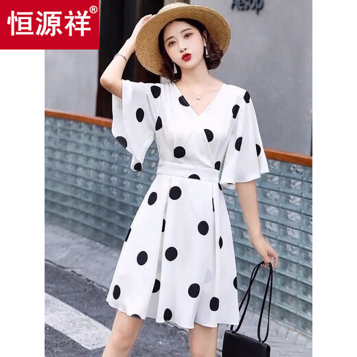 恒源祥雪纺两件套女装连衣裙夏季新款2025夏季波点裙潮遮肚显瘦短裤套装 (上衣+短裤)白底点点 M (70-90斤)