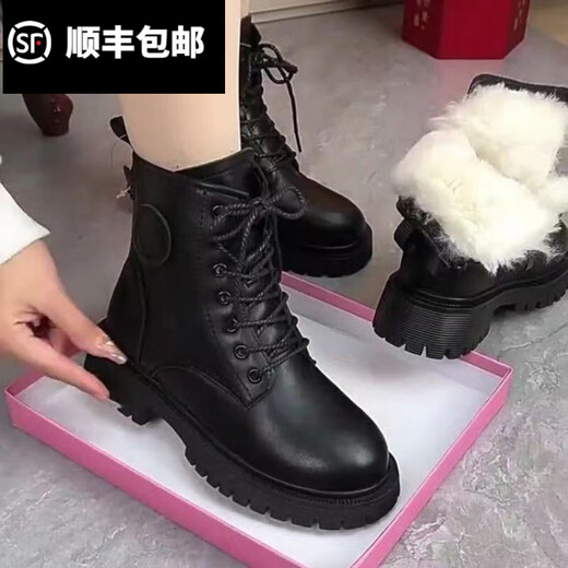 百丽踏软皮羊毛雪地靴女马丁靴加绒加厚保暖棉鞋子防水防滑显瘦韩版短靴 黑色【加绒】 37