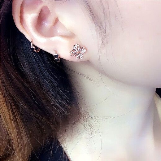 ANST Old Phoenix Gold Store Russian Purple Gold Four-leaf Clover Earrings Plated with 14K Rose Gold Color Gold New Style Simple and Sweet Four-leaf Clover Earrings (Rose Gold Pair)