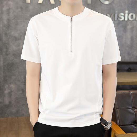 CK Herren kurzärmelig T-Shirt 2025 Sommer neuer trendiger Standkragen Halbzipper Polo-Hemd dünne, einfarbige halbe Ärmeln 1585 Weiß M.