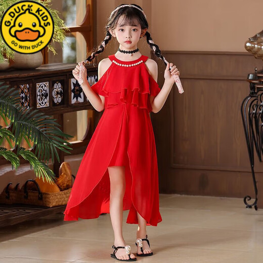 G.DUCKKIDS2025夏季新款女童雪纺裙子洋气时尚儿童气质公主裙女孩沙滩裙凉快 AD9903-白色【圆领挂脖雪纺裙】 120 【适合身高100-110的小朋友