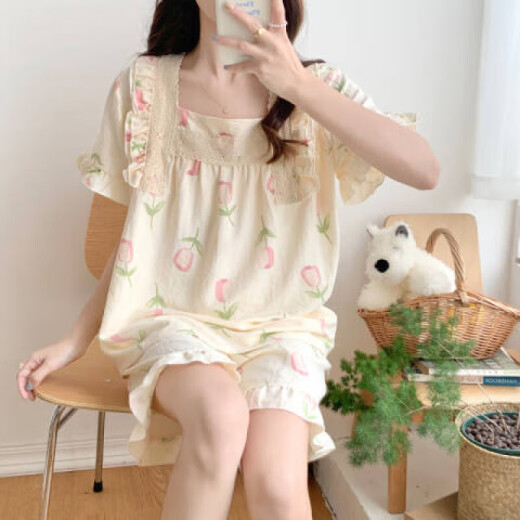桑琴少女生睡衣女士夏季薄款大码公主风短袖短裤可爱春夏天家居服套装 693粉色 M (建议体重80-100斤)