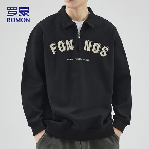 ROMON sweatshirt men's spring and autumn casual heavy lapel jacket men's loose long-sleeved top black XL