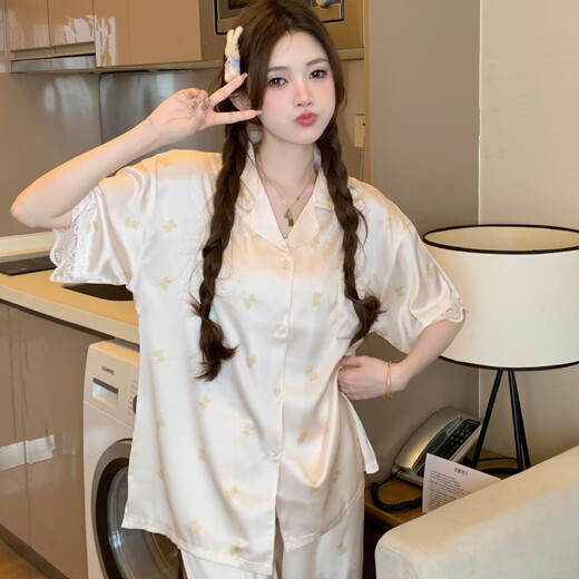 维多利亚的格调冰丝睡衣女可爱风小熊夏季新款感卡通短袖长裤家居服 套YFY9905# M 【建议80-100斤】