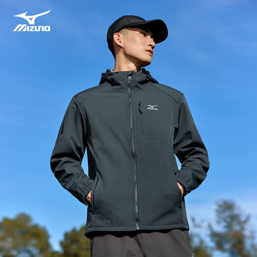 Mizuno Outdoor Soft Shell Jacket Men's Velvet Hooded Mountaineering Casual Windproof and Waterproof Versatile Top Jacket Dark Gray L