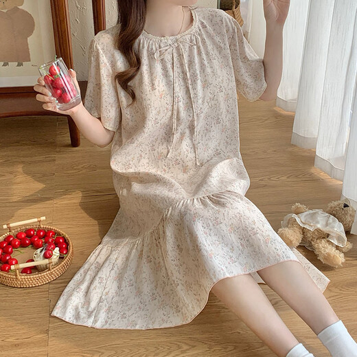 Victoria's Style Pyjamas mit Brustpolster für Frauen im Sommer 2025 Neue lose und niedliche koreanische Floral Nachthemd mittelgroße Hauskleidung großer Größe M16862 [mit Brustpolster] XL