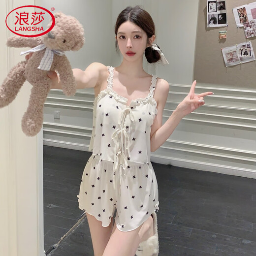 Langsha Pajamas de suspensión de alta gama para mujeres con una almohadilla del cofón de hielo delgada de dos piezas Sweet Sexy Sexy Pure y Deliciced Small Floral Home Ropa KZ7371 Red Cherry L