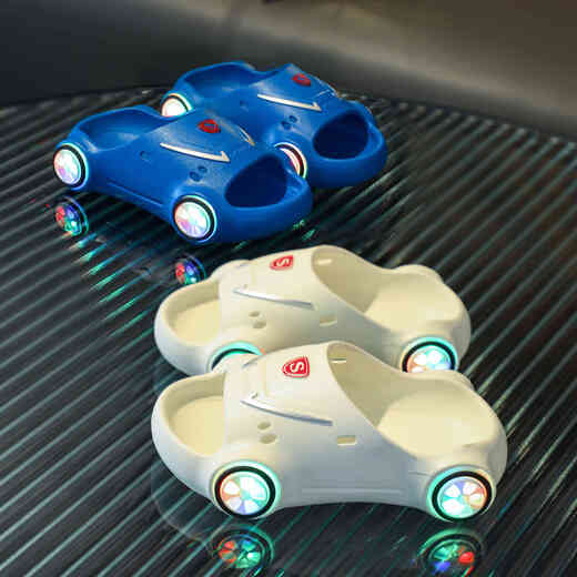 Jingmengyuan children's light-up slippers summer boys indoor children anti-slip baby little boy girl car light-up slippers white star model upgraded version 28 /29 size (inner length 17.e