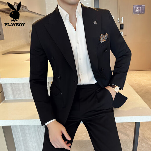 Playboy (PLAYBOY) double-breasted suit men's suit business casual high-end formal suit British slim groom wedding suit three-piece medium gray suit + trousers + vest XL (125-140Jin Jin equals 0.5 kg)