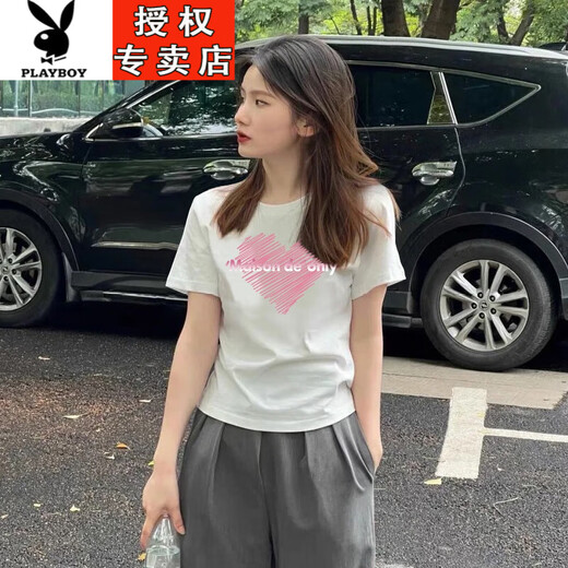 花花公子（PLAYBOY）欧货纯棉女士短袖t恤浅粉色正肩女装夏装2025新款修身上衣体恤 1585粉色常规款(粉紫印花) S