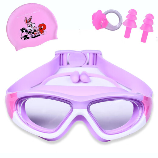 He Jiagong children's swimming goggles waterproof and anti-fog high-definition large frame boys' diving equipment girls' swimming goggles and swimming cap set 80 square meters white lake blue swimming goggles + PU swimming cap + nose clip earplugs