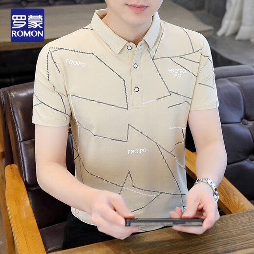 
Romon men's short-sleeved T-shirt pure cotton slim-fit fashionable body 2025 summer trendy striped Polo shirt new summer wear W7029 white M 90-105Jin [Jin equals 0.5 kg]