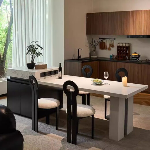 Platinum Italian style simple white slate island and dining table integrated small household multi-functional retractable kitchen island standard model (without socket function) + 4 chairs 50cm (retractable) length 1.8-2.3m