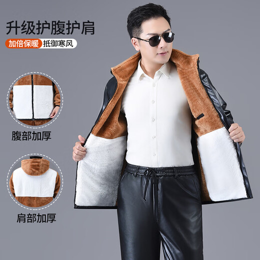 Liyang Men's Leather Clothes and Leather Pants Suit Plus Velvet Thickened Windproof Warmth Waterproof Motorcycle and Motorcycle Driving Takeaway Work Clothes Shoulder Pads Belly Protection Leather Clothes Leather Pants Set Plus Velvet XL 90-110Jin Jin is equal to 0.5 kg