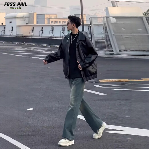 Foss Phil leather jacket men's autumn and winter retro pu leather jacket casual lapel solid color top Q2499 black L