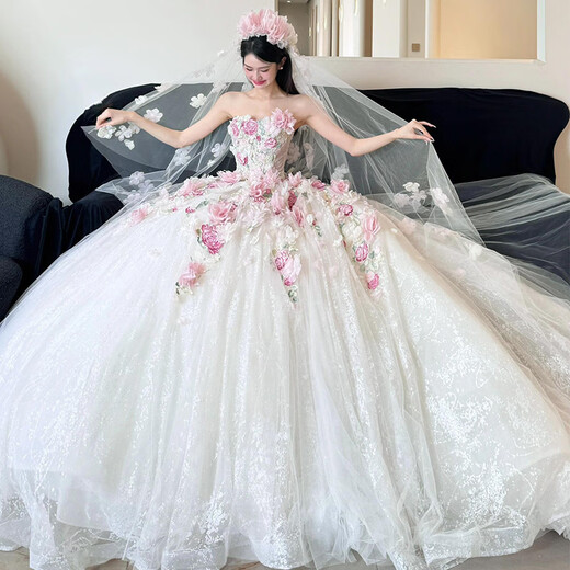 Tubeless main wedding dress bride 2025 new style petite fugitive princess wedding veil light pink flower dress three-dimensional flower floor-length style (comes with veil skirt support S