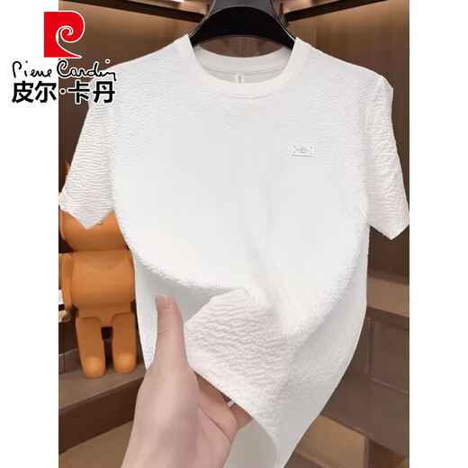 皮尔卡丹2025新款夏季冰丝肌理感绣标圆领男士短袖时尚半袖百搭轻奢T恤男 夏季6628白色 M 80-105斤
