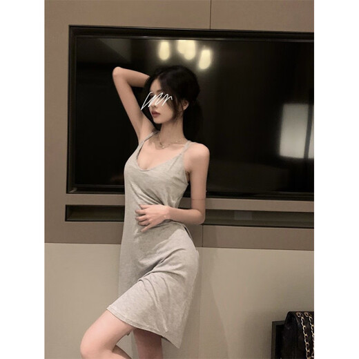 性感女睡衣夏季新款带胸垫吊带睡裙女士纯欲风修身纯色学生家居服 686灰色吊带裙【带胸垫】 S 【建议85斤内】