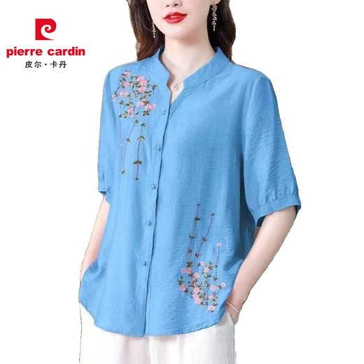 皮尔卡丹夏季中袖棉麻上衣女2025新款国风刺绣女士衬衫妈妈装宽松亚麻小衫 红色-694 M 【约108斤内】