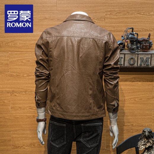 ROMON Brown PU Leather Men's Jacket Autumn and Winter Slim Leather Jacket 2026 New Trendy Casual Lapel Motorcycle Top Brown 2XL