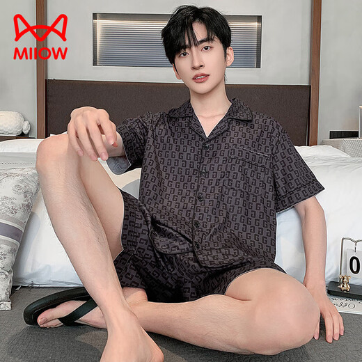 Cat men pajamas men ice silk summer new comfortable cardigan short-sleeved casual simple men's home clothing suit can be worn outside QY-YMD6624-Set-Men L suitable for 110-130Jin [Jin equals 0.5 kg]