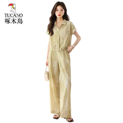 Woodpecker's new summer fashion short-sleeved shirt wide-leg pants two-piece set pink [set] M [Suggested 95-105Jin [Jin equals 0.5 kg]]