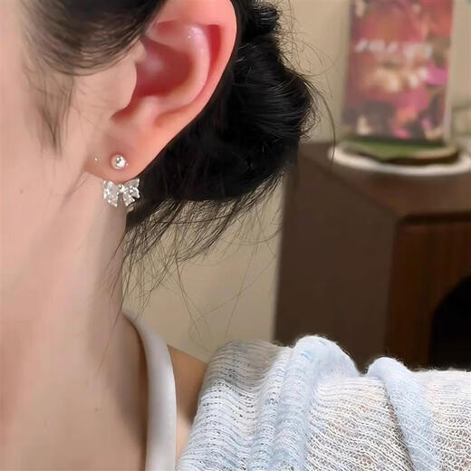 FVIP Old Phoenix 999 sterling silver pure silver hanging zircon bow exquisite simple sweet versatile earrings earrings rear hanging zircon bow earrings a pair