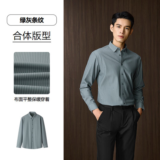 Heilan long-sleeved shirt men's winter 26 new light business fashion series velvet shirt men HNEAW4J056A green gray stripes 5B XS 165/84A recommended 117~126Jin Jin equals 0.5 kg