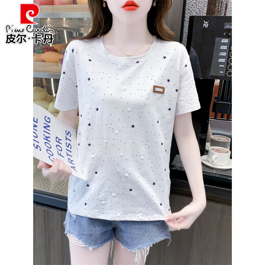Pier Cardin Algodón puro Camiseta de manga corta para algodón de algodón para femeninos 2025 Nuevo diseño de cubierta de vientre suelta Tendencia de camiseta versátil Top 1396 Azul Meteor + 310 Red Love M Adecuado para 100-109Jin [Jin equivale a 0.5 kg]